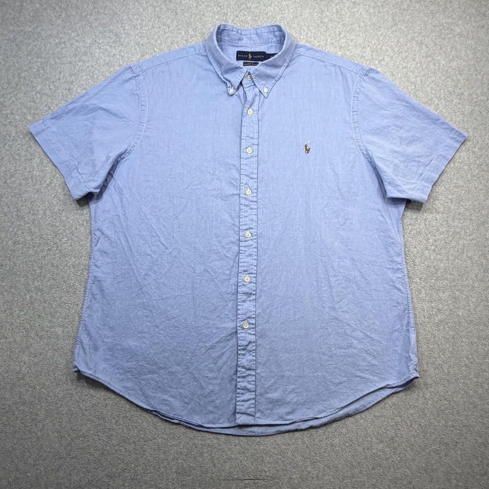 Ralph Lauren Chambray Oxford Shirt Men XXL Blue Short Sleeve Button Slim Fit